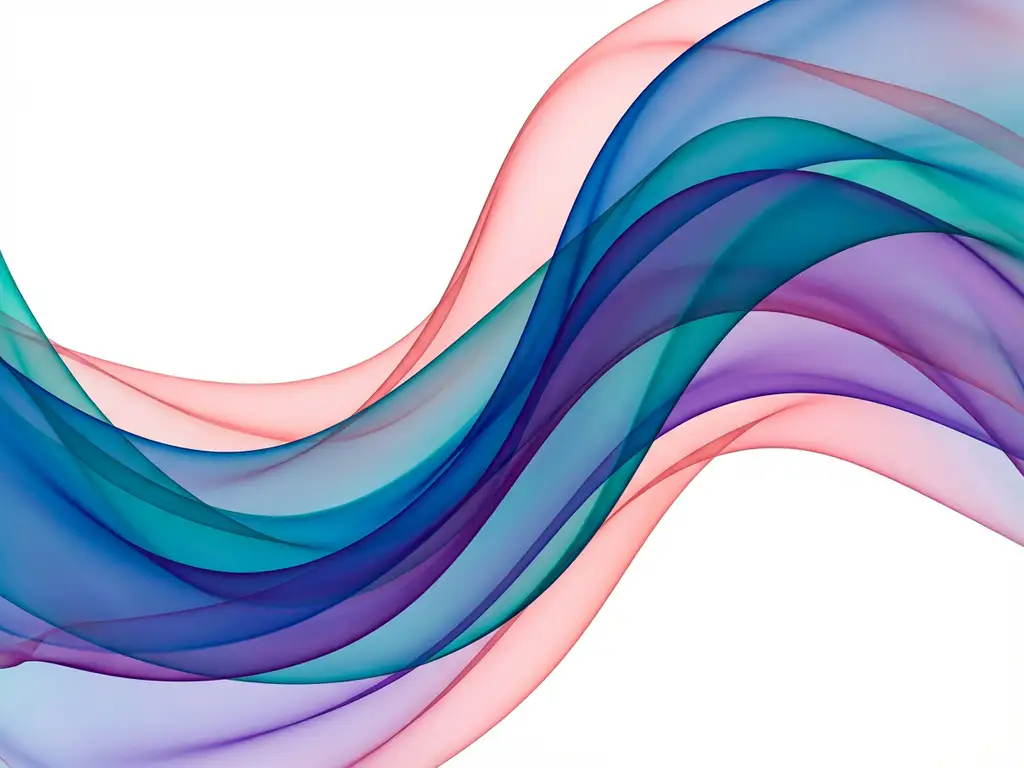 Abstrakti taideteoksessa virtaavia läpikuultavia nauhoja sinisessä, turkoosissa, violetissa ja korallipunaisessa sävyssä valkoisella taustalla.