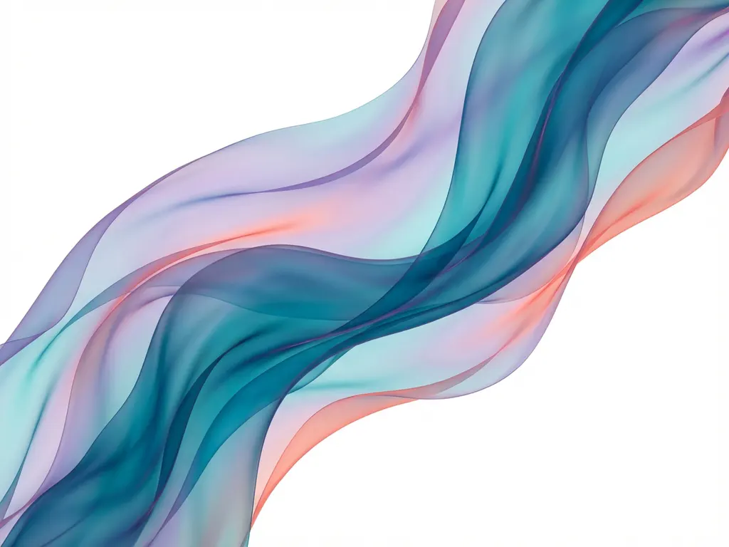 Abstrakti taideteos läpikuultavilla sinivihreillä, violeteilla ja korallinpunaisilla nauhoilla valkoisella taustalla.