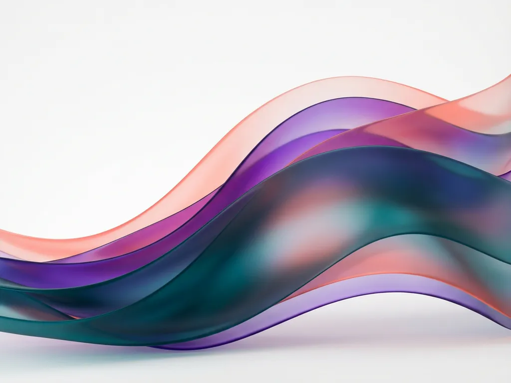 Abstrakti taidekuva, jossa läpikuultavia sinivihreän, violetin ja korallinsävyisiä nauhoja valkoisella taustalla