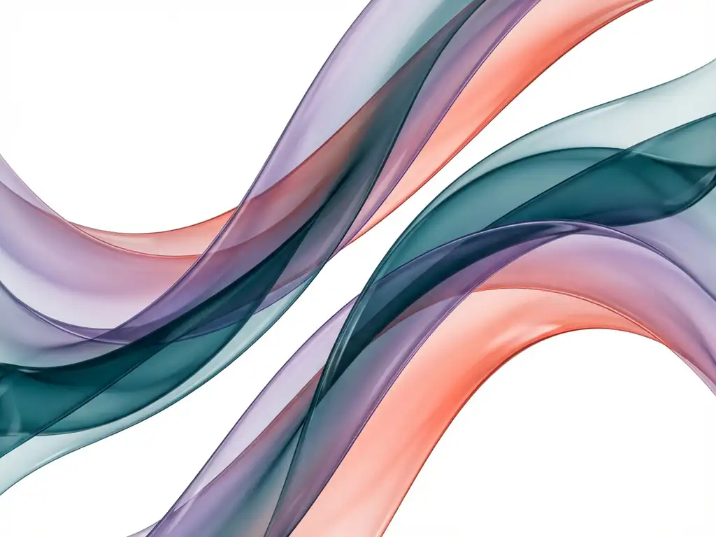 Abstrakti taideteos: läpikuultavia sinivihreän, violetin ja korallin värisiä nauhamaisia muotoja valkoisella taustalla