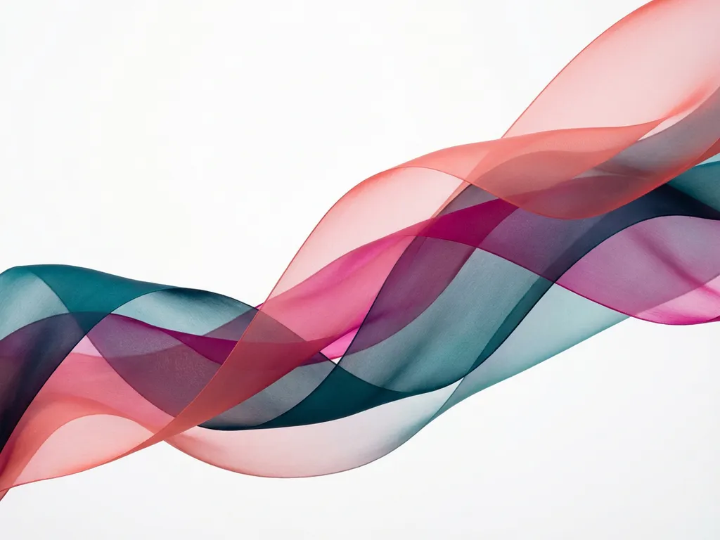 Läpikuultavat nauhat virtaavat aaltoilevasti valkoisella taustalla, sävyt turkoosista magentaan ja koralliin