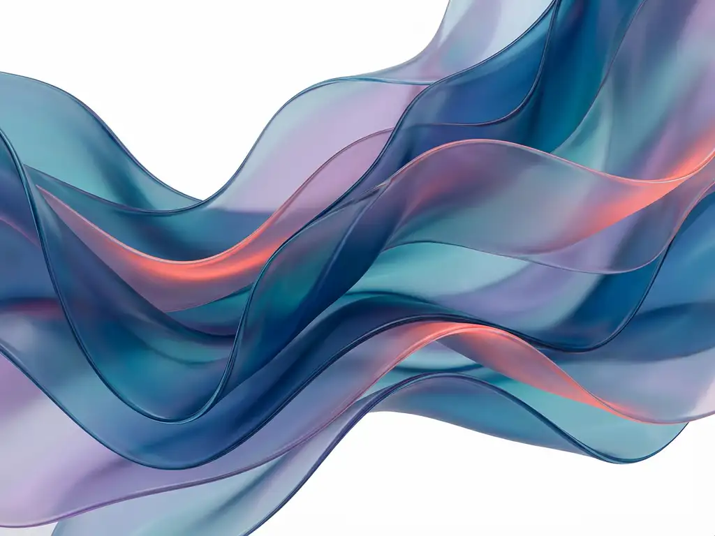 Abstrakti koostumus läpikuultavista nauhoista syvänsinisillä, turkooseilla, violeteilla ja korallisilla sävyillä
