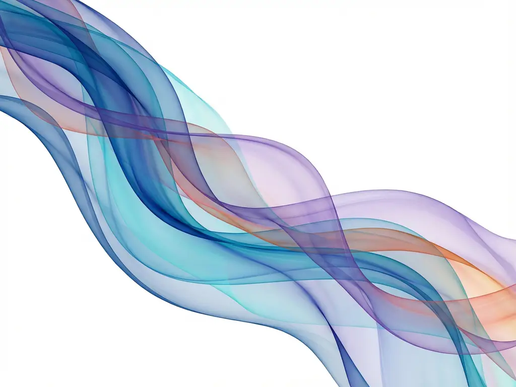 Abstrakti taideteos virtaavista läpikuultavista nauhoista sinisillä, turkooseilla ja violeteilla sävyillä valkoisella taustalla