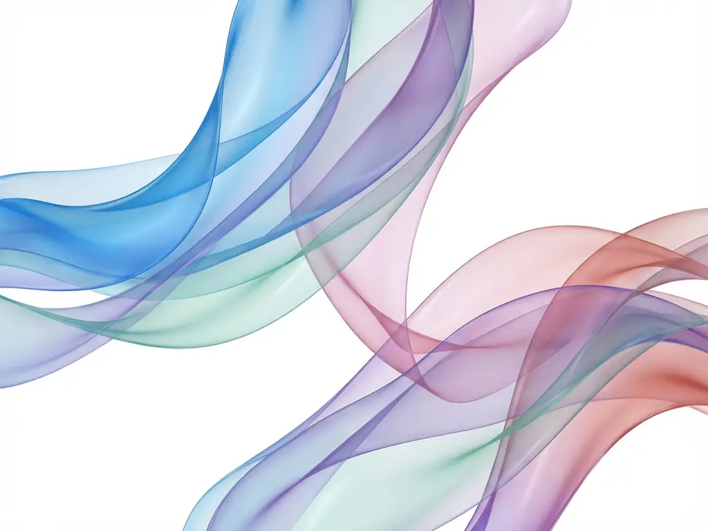 Abstrakti taideteos: virtaavia läpikuultavia nauhoja sinisessä, turkoosissa ja violetissa sävyissä valkoisella taustalla.