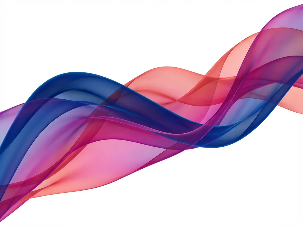 Abstrakti taide: läpikuultavia siniset, magenta ja koralli nauhamuotoja valkoisella taustalla