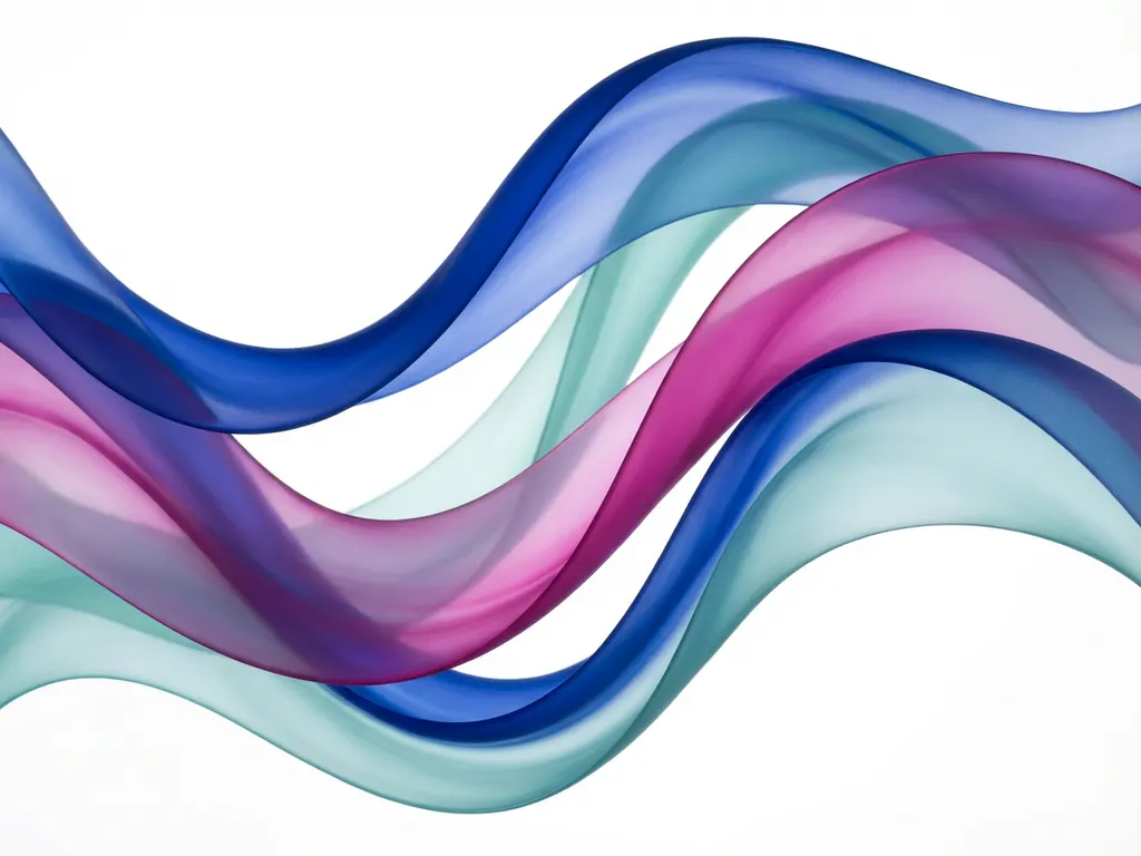 Abstrakti taustagrafiikka, jossa läpikuultavia sinisiä, magentanpunaisia ja turkooseja nauhoja valkoisella pohjalla