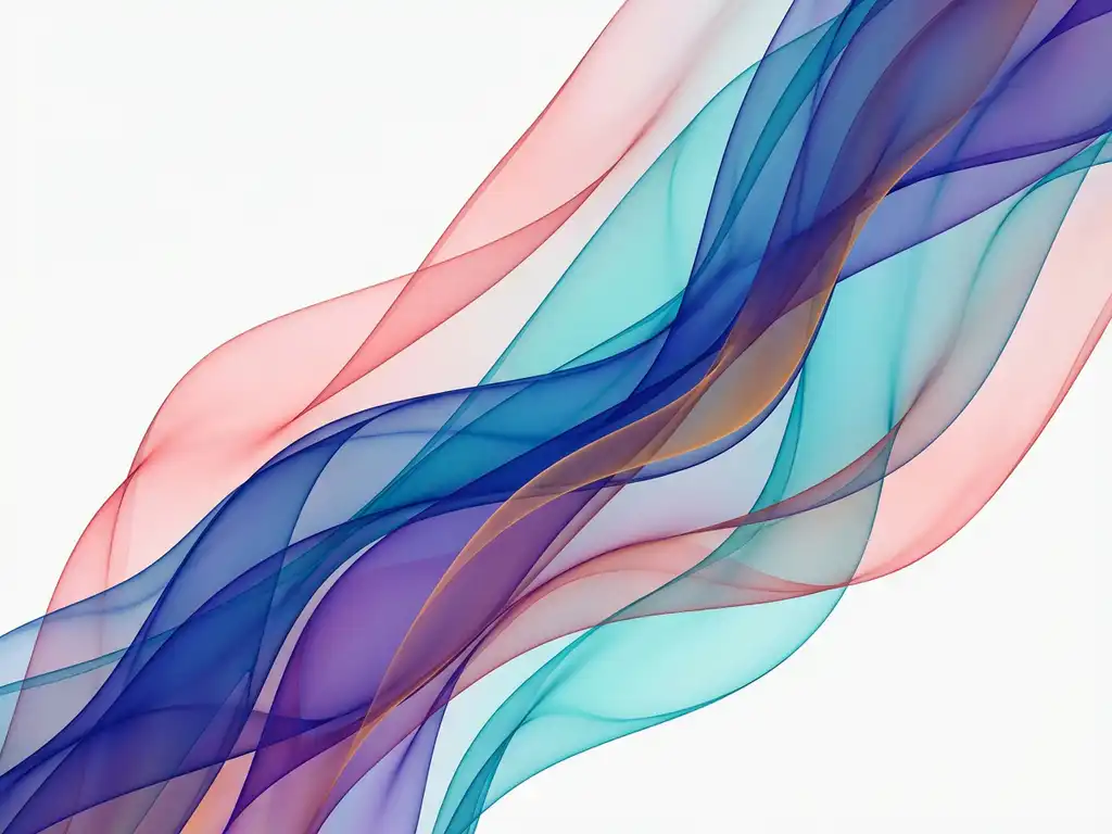 Abstrakti digitaalitaide, jossa läpikuultavia sinisiä, turkooseja ja korallinvärisiä nauhoja valkoista taustaa vasten.