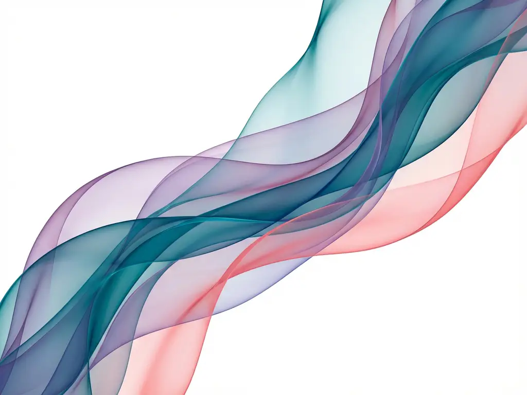Abstrakti sommitelma läpikuultavista turkooseista, sinisistä, violeteista ja korallipunaisista nauhoista valkoisella taustalla.