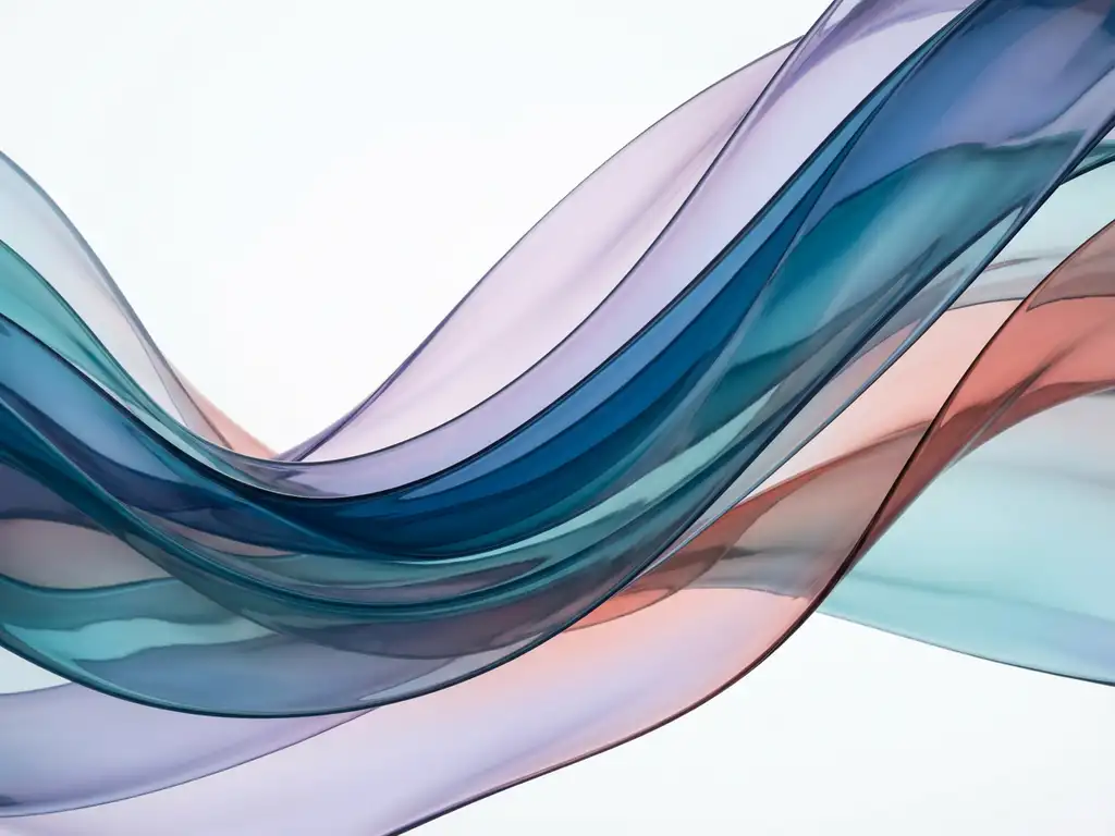 Abstrakti tausta, jossa läpikuultavia sinisiä, turkooseja ja violetteja nauhoja virtaa orgaanisissa käyrissä valkoisella pohjalla.