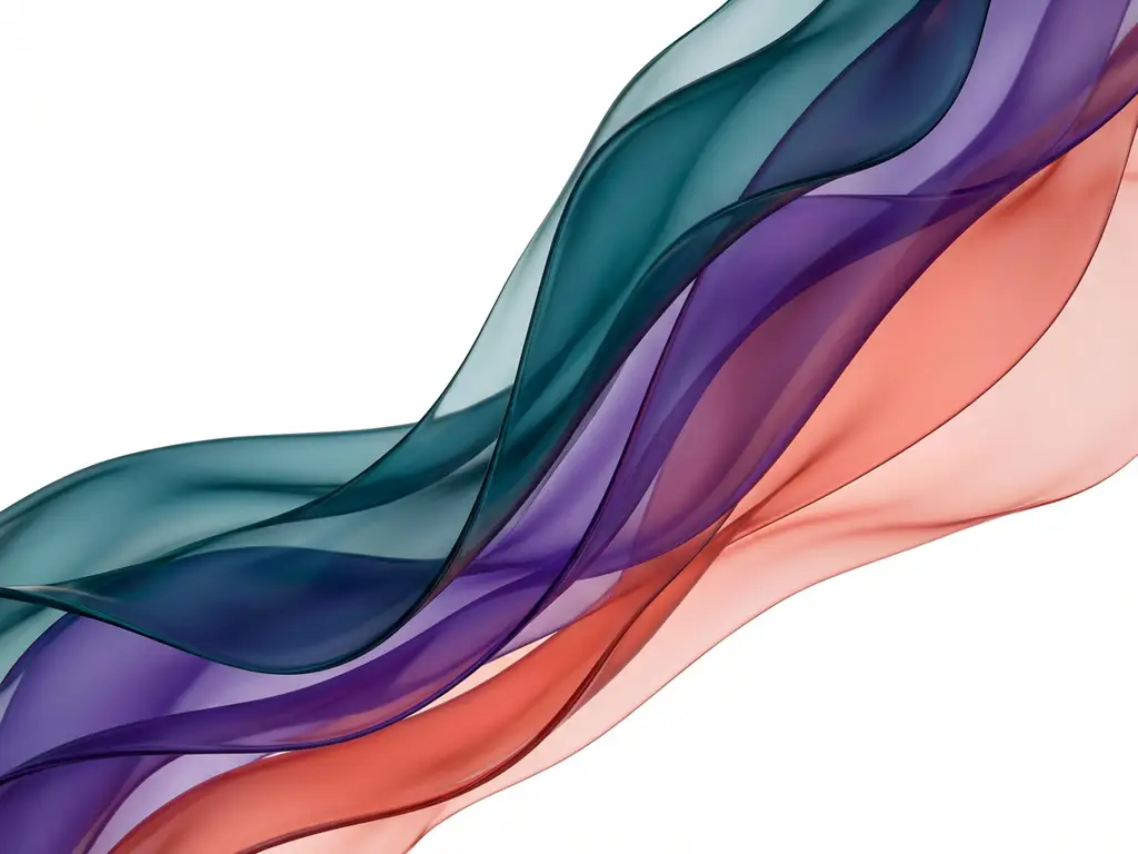 Abstrakti digitaalinen taideteos, jossa läpikuultavia nauhamaisia muotoja turkoosina, violettina ja korallinpunaisena valkoisella taustalla.