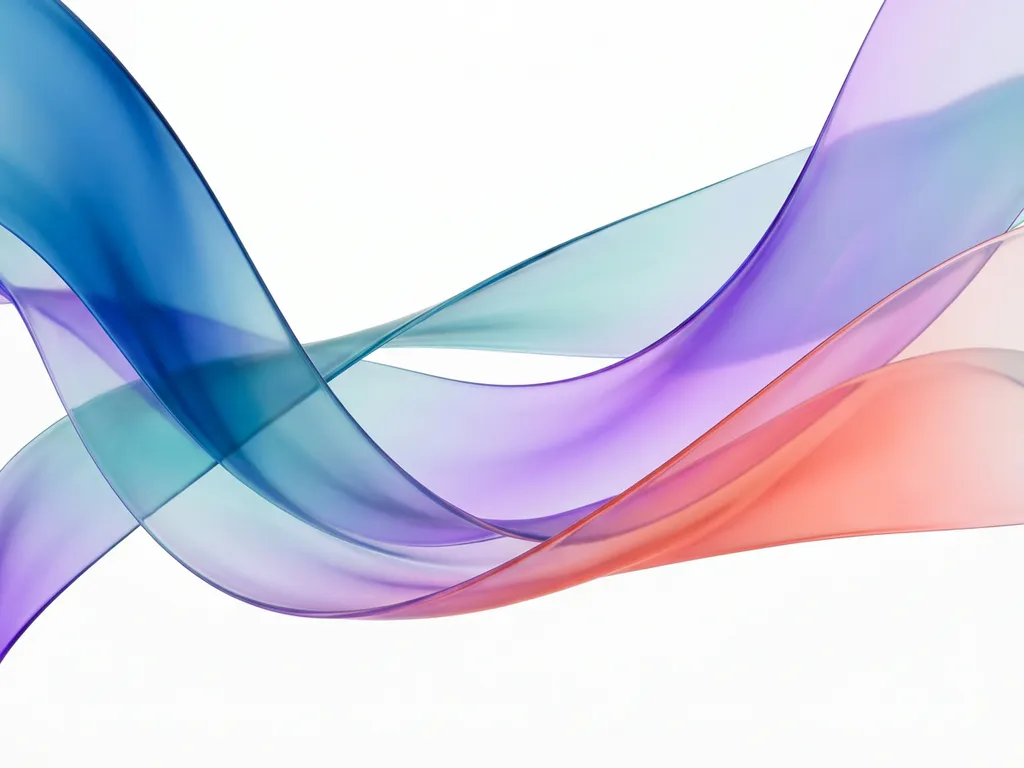 Abstrakti tausta: läpikuultavia aaltoilevia nauhoja sinisessä, violetissa ja korallissa valkoisella pohjalla