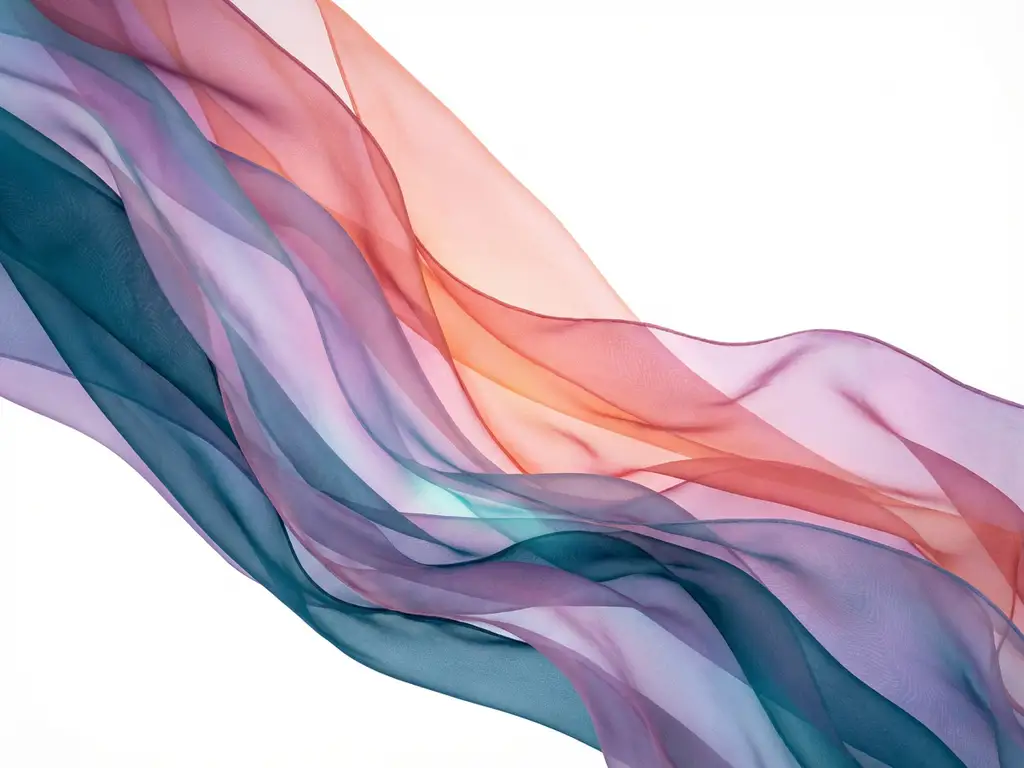 Kerrokselliset läpikuultavat nauhat sinivihreänä, violettina ja korallina virtaavat diagonaalisesti valkoisella taustalla.