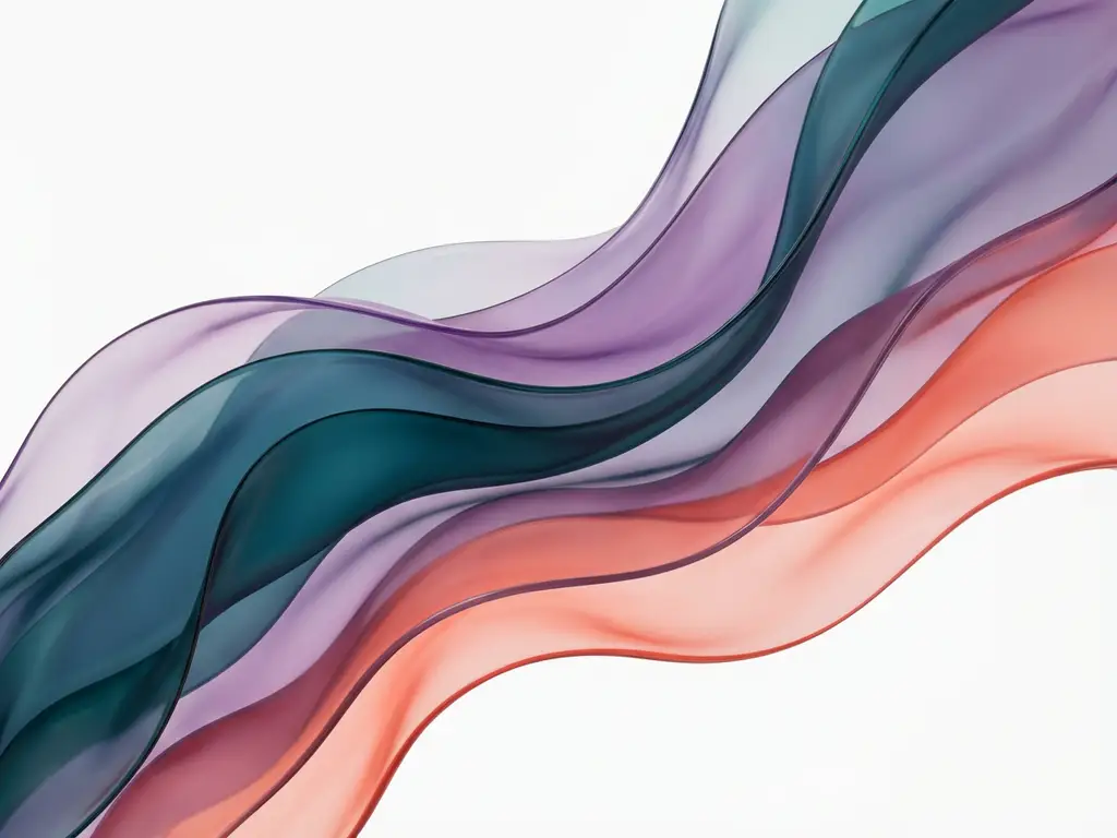 Abstrakti taide: läpikuultavat turkoosit, violetit ja korallinsävyiset nauhat virtaavat aaltoillen valkoisella taustalla