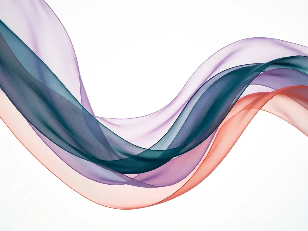 Abstrakti aaltoileva koostelma syvänsinisistä, violeteista ja korallinpunaisista läpikuultavista nauhoista valkoisella taustalla