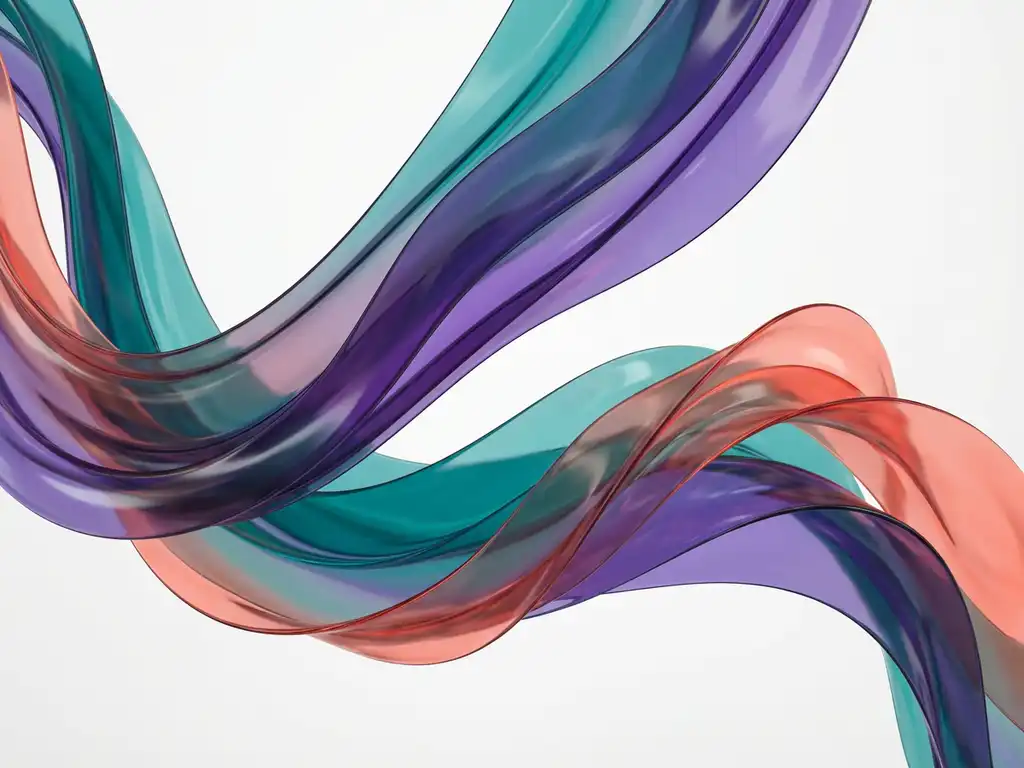Abstrakti taideteos läpikuultavista nauhoista turkoosissa, violetissa ja korallinväreissä valkoisella taustalla