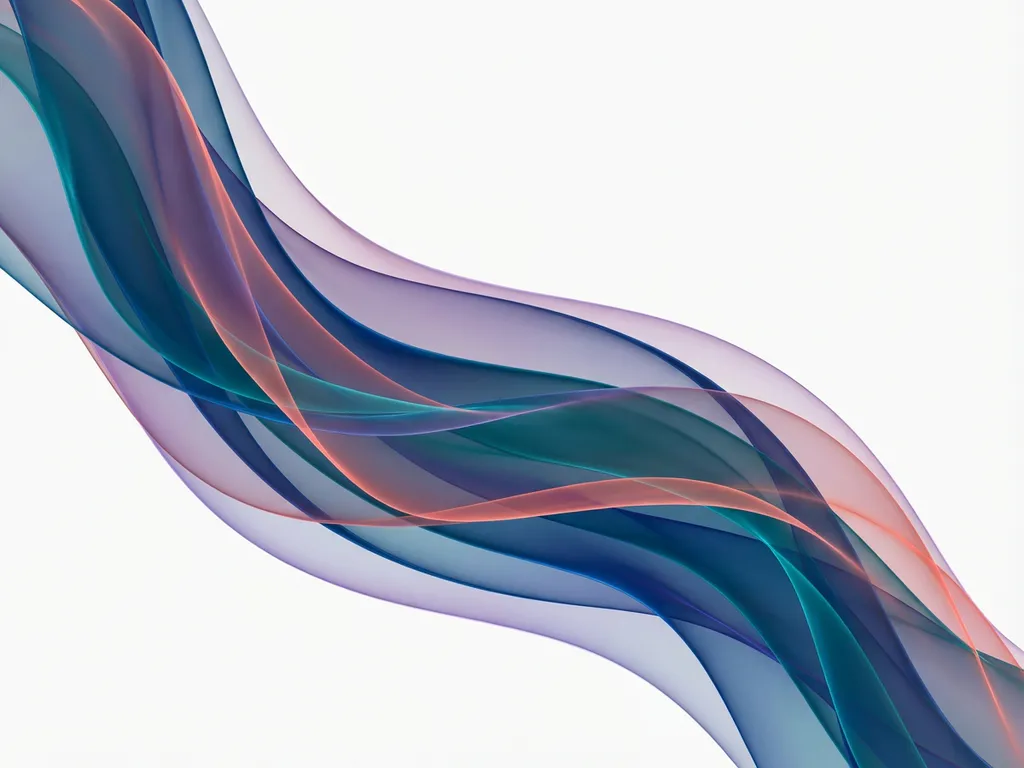 Abstrakti taideteos, jossa sinisiä, turkooseja ja korallinsävyisiä läpikuultavia nauhoja virtaa valkoisella taustalla.