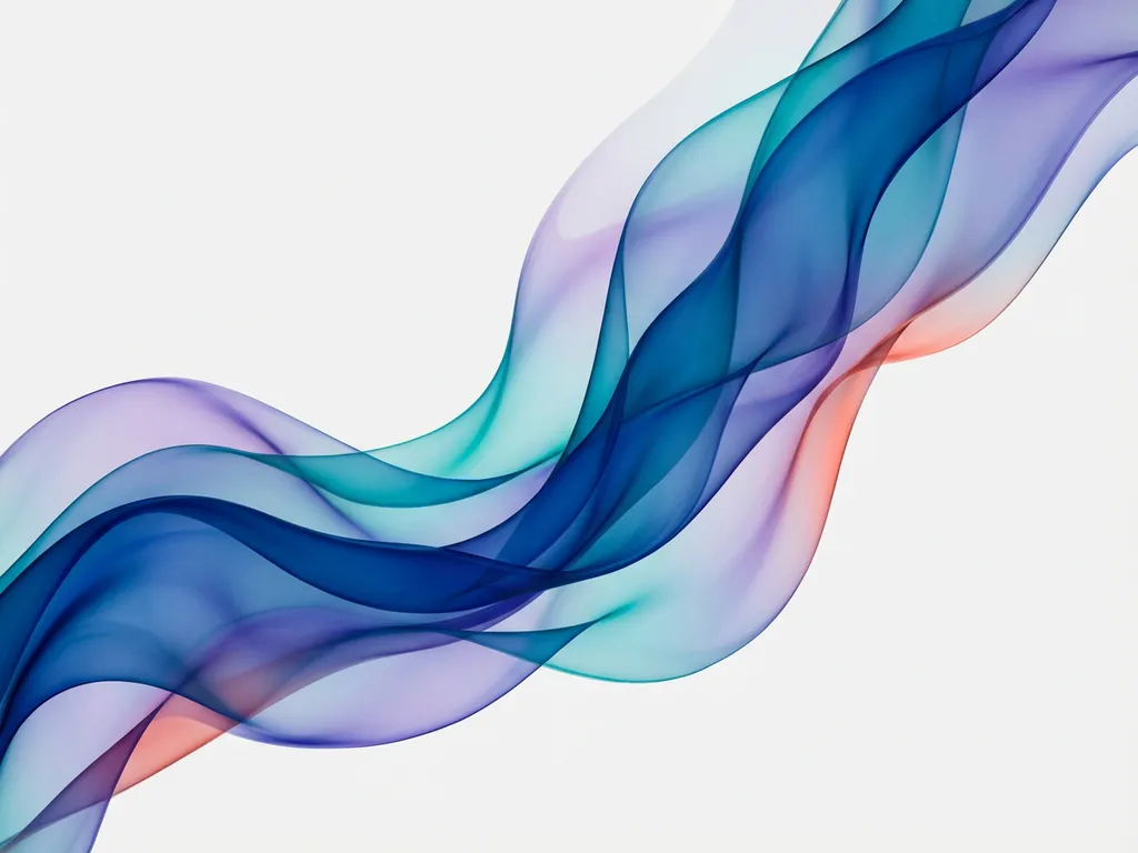 Abstrakti aaltoilevat siniset, turkoosit ja violetit läpikuultavat nauhat valkoisella taustalla luovat dynaamisen ja rauhallisen tunnelman