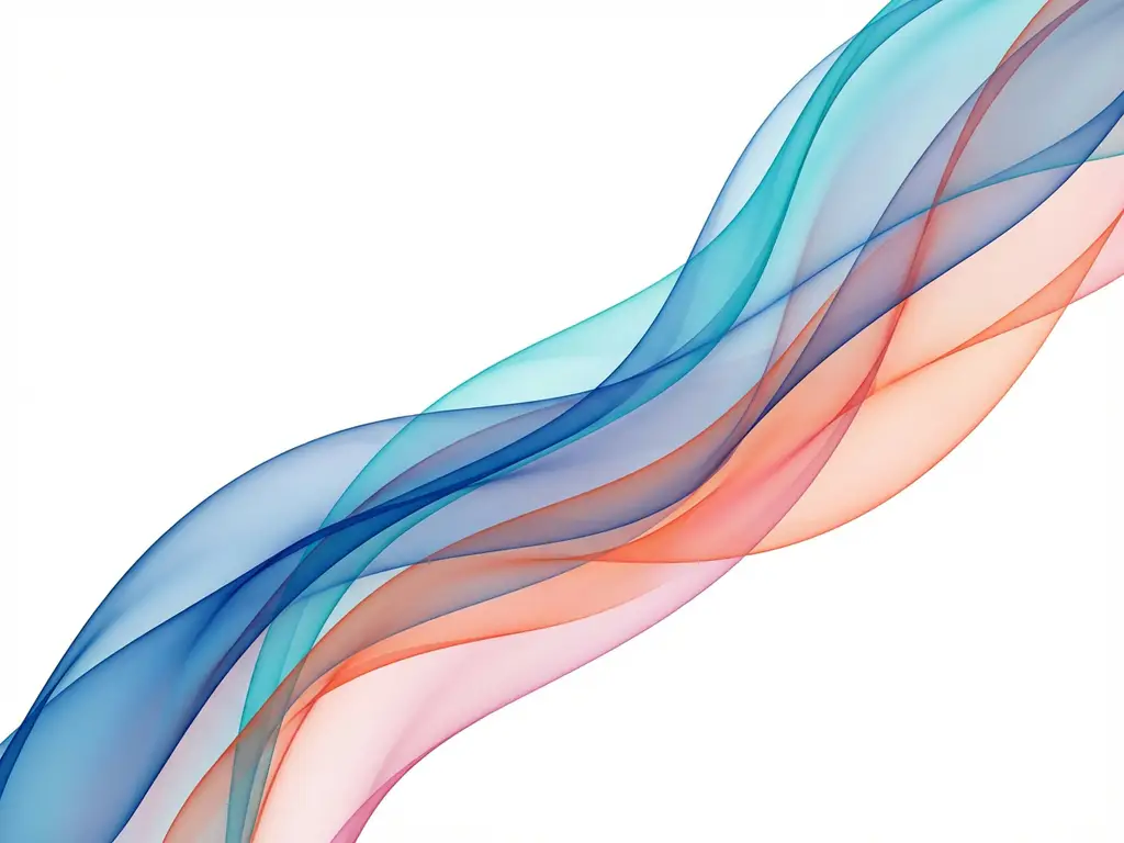 Abstrakti taideteos, jossa virtaavia läpikuultavia nauhoja sinisissä, turkooseissa ja korallinväreissä valkoisella taustalla.