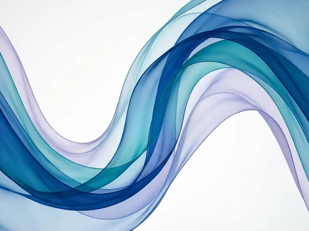 Abstrakti taideteos, jossa virtaavia läpikuultavia nauhoja sinisessä, turkoosissa ja violetissa valkoisella taustalla.