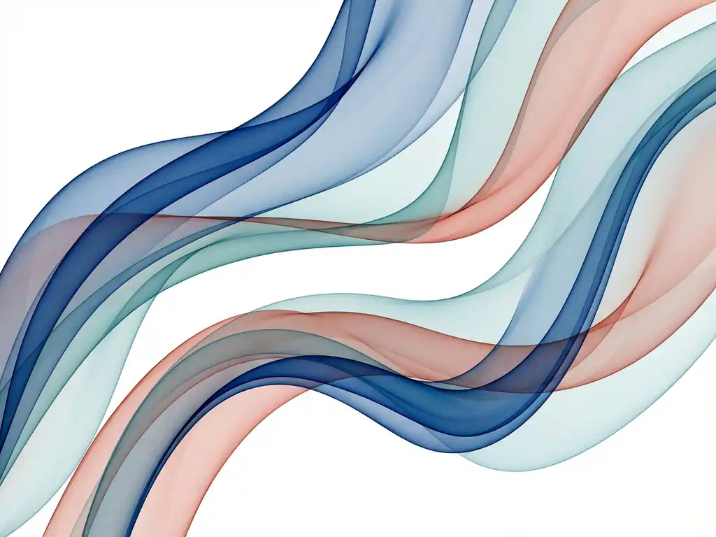 Läpikuultavat siniset, turkoosit ja korallinväriset nauhat muodostavat kerroksellisen abstraktin sommitelman valkoisella taustalla.