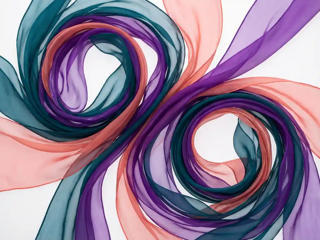 Abstraktit aaltoilevat nauhat syaanin, violetin ja korallin sävyissä valkoisella taustalla, digitaalinen taide