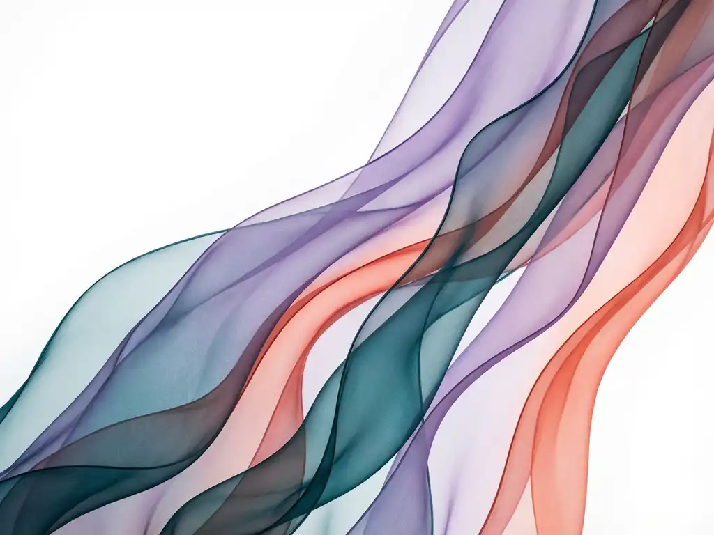 Abstrakti digitaalitaide: läpikuultavat teal-, violetti- ja korallinsiniset nauhat virtaavat orgaanisesti valkoisella taustalla.
