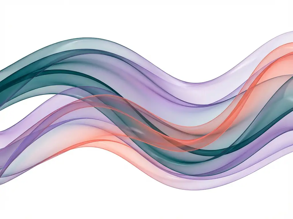 Abstrakti digitaalitaide: kerrostuneita läpikuultavia nauhoja sinivihreänä, violettina ja korallina valkoisella taustalla