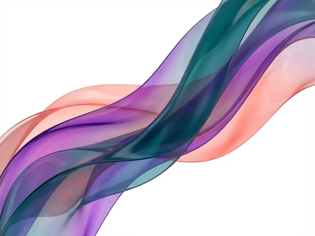Läpikuultavat teal-, violetti- ja korallinsävyiset nauhat virtaavat aaltoilevasti valkoisella taustalla.