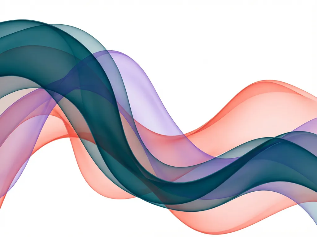 Abstrakti digitaalitaide: läpikuultavia teal-, violetti- ja korallinvärisiä aaltoilevia nauhoja valkoisella taustalla