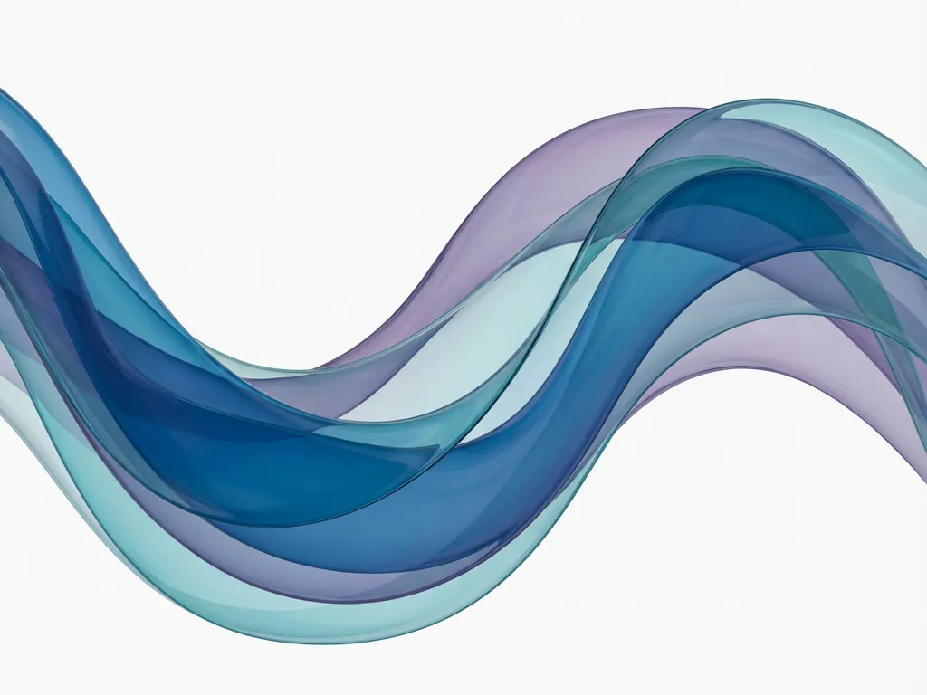 Abstrakti taideteos virtaavista läpikuultavista nauhoista sinisillä, turkooseilla ja violeteilla sävyillä valkoisella taustalla