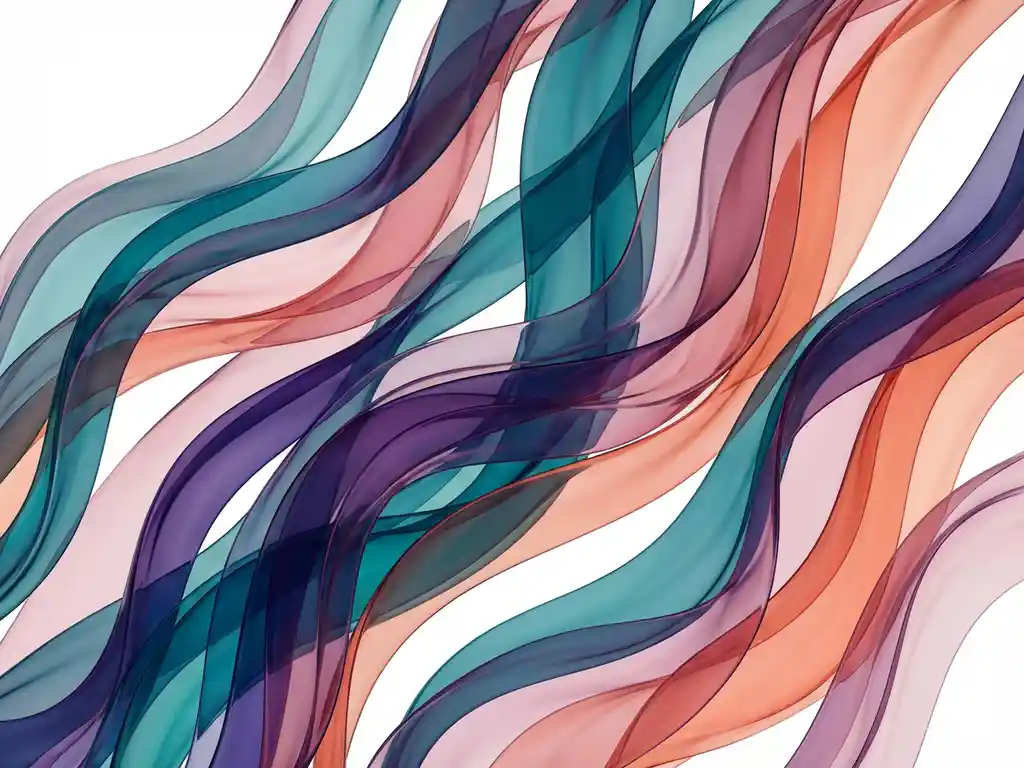 Abstrakti digitaalinen taideteos, jossa virtaavia läpikuultavia nauhoja tealin, violetin, pinkin ja korallin sävyissä.