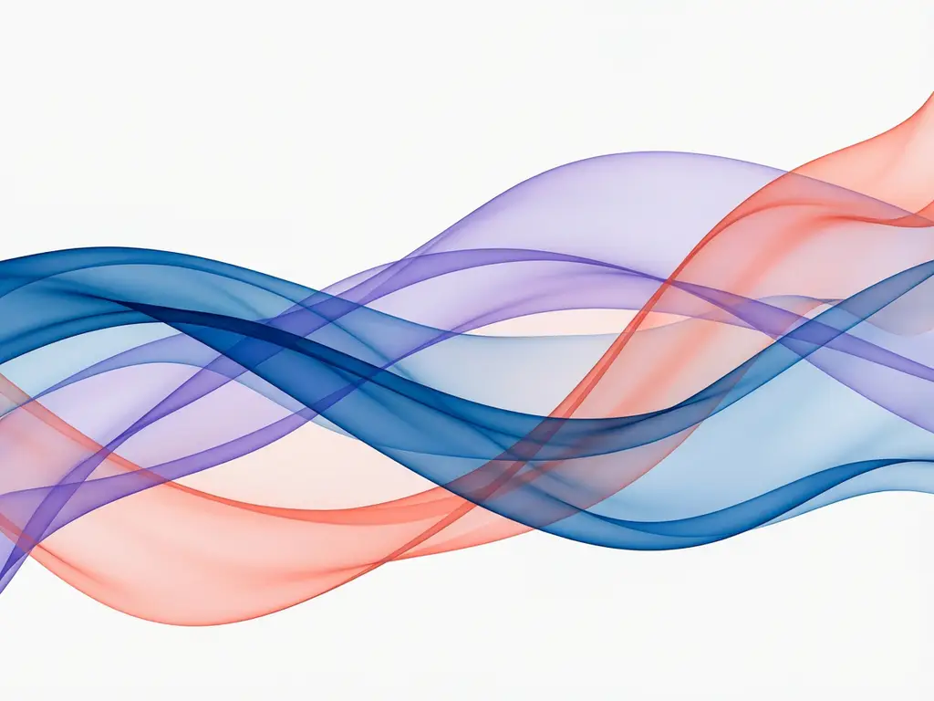 Abstrakti digitaalinen taidekuva: läpikuultavia sinisiä, violetteja ja korallinpunaisia aaltomaisia nauhoja valkoisella taustalla.