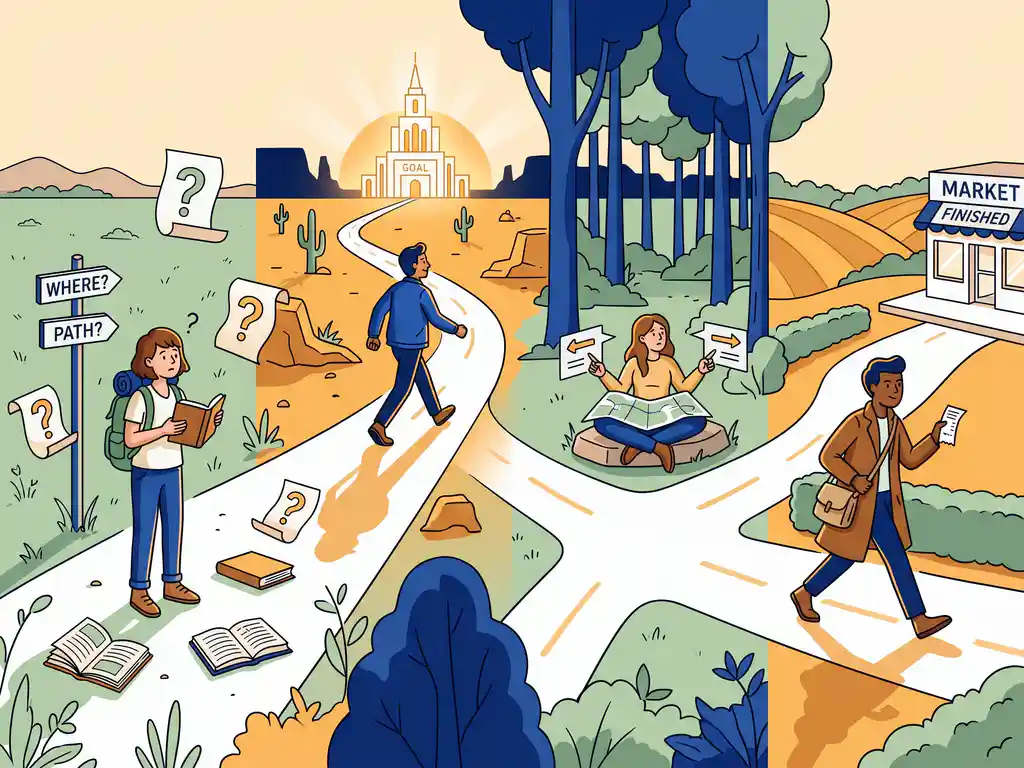 Four-zone illustrated road showing a buyer's journey from curious traveler reading signposts to determined shopper entering a storefront, flat vector style.