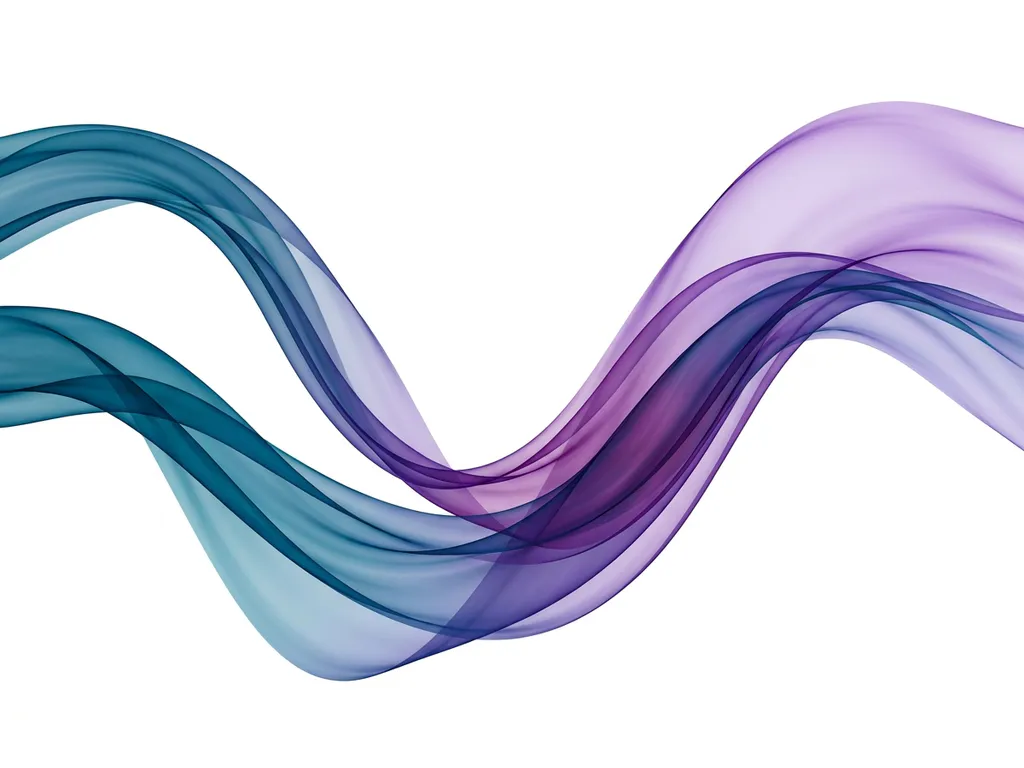 Teal-blue and violet-purple ribbon streams merging into one fluid curve, with silky transparency creating layered depth on white background.