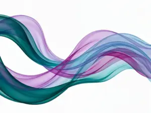 Translucent teal, violet, and blue ribbon waves overlapping in smooth organic curves against a white background, creating luminous depth.