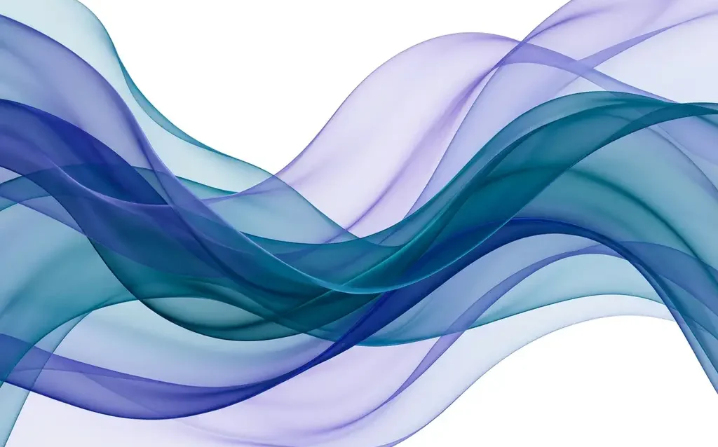 Translucent ribbons in blue, teal, and violet flowing in smooth overlapping waves against a white background, creating luminous depth.
