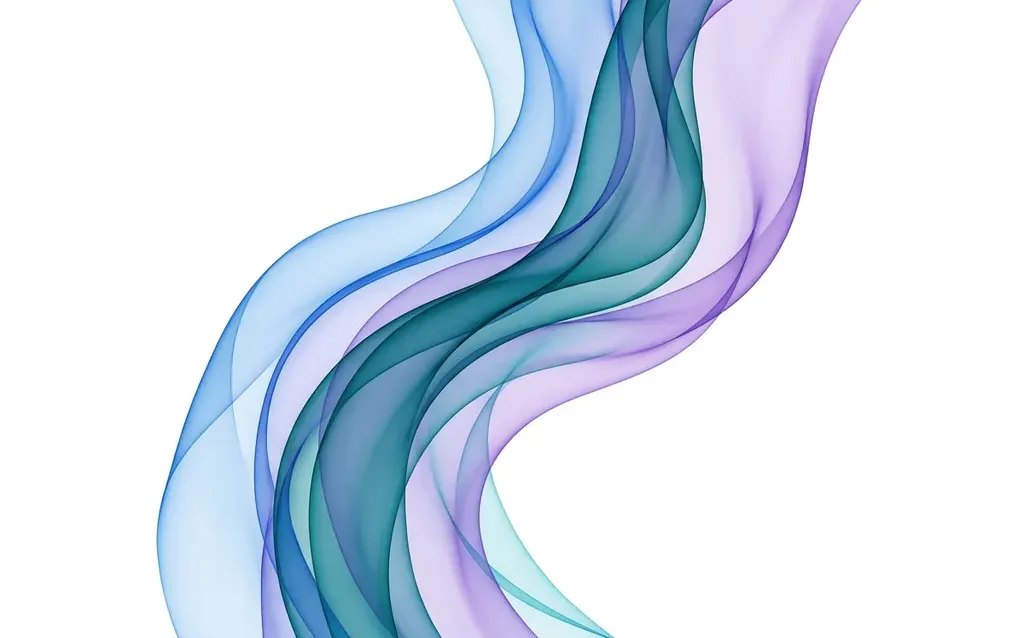 Translucent blue, teal, and violet ribbon waves flowing upward with overlapping layers creating luminous depth against white space.