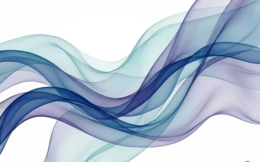 Translucent ribbons of deep blue, teal, and violet flowing in smooth overlapping waves against a white background, creating luminous silk-like depth.