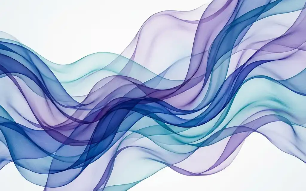 Abstract flowing ribbons in deep blue, teal, and violet layered with translucent silk-like waves against a white background.