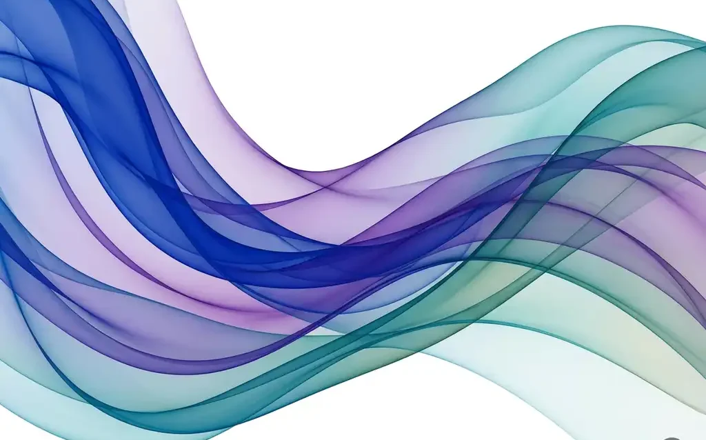 Translucent cobalt blue, violet, and teal ribbons flowing in smooth organic waves across a white background with luminous depth.