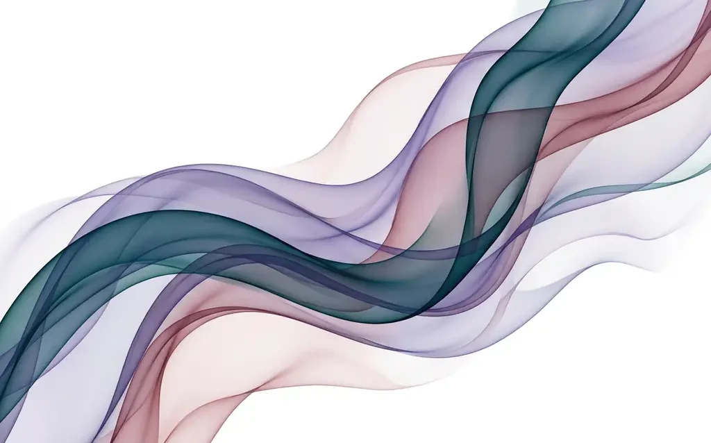 Translucent teal, violet, and dusty rose ribbon waves overlapping in smooth organic curves against a white background.