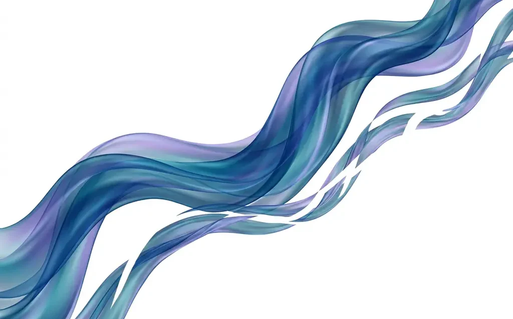 Two translucent ribbons in blue, teal, and violet weave parallel paths across a white canvas, overlapping in layered depth with smooth organic curves.
