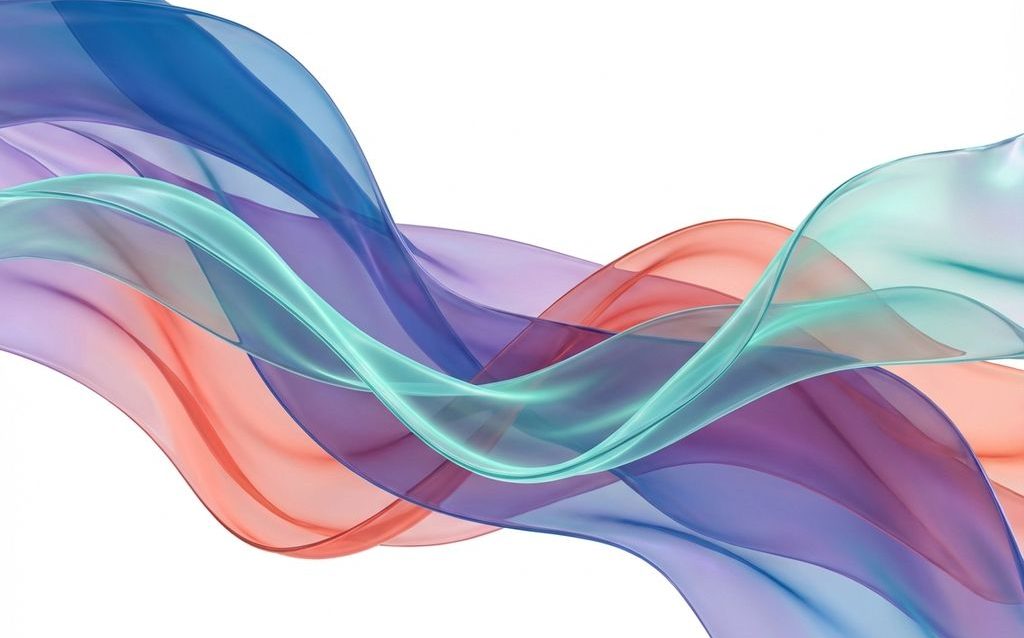 Abstract flowing ribbons in azure blue, violet, and coral with translucent waves on white background