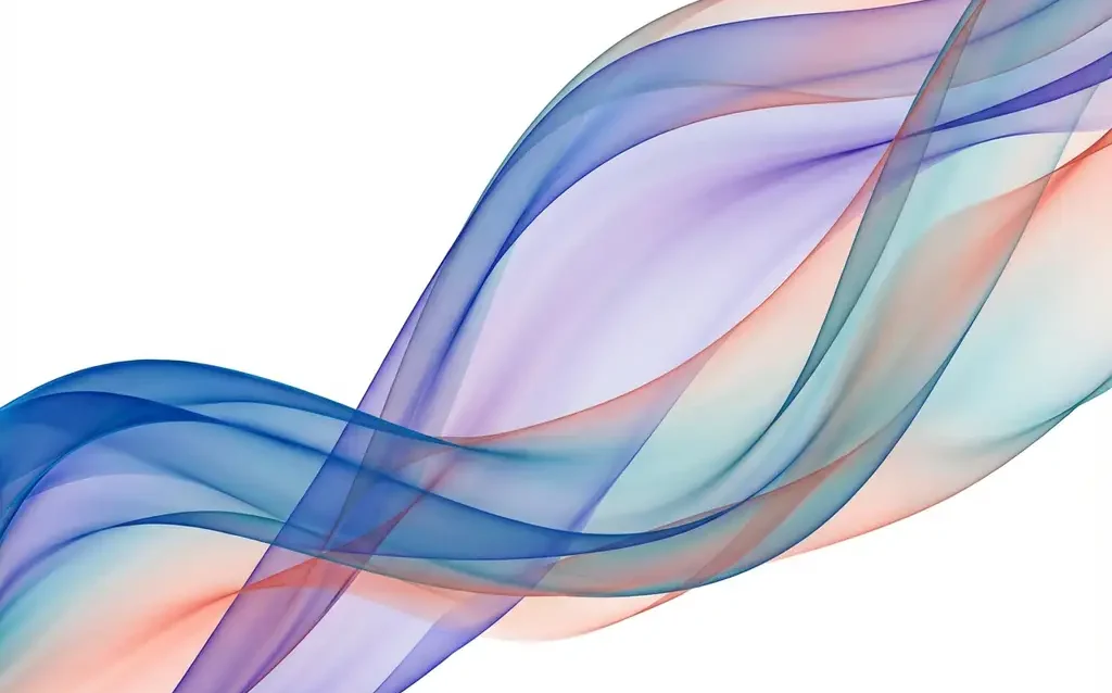 Flowing translucent ribbons in azure blue, violet, and coral create elegant waves with dimensional depth on white background