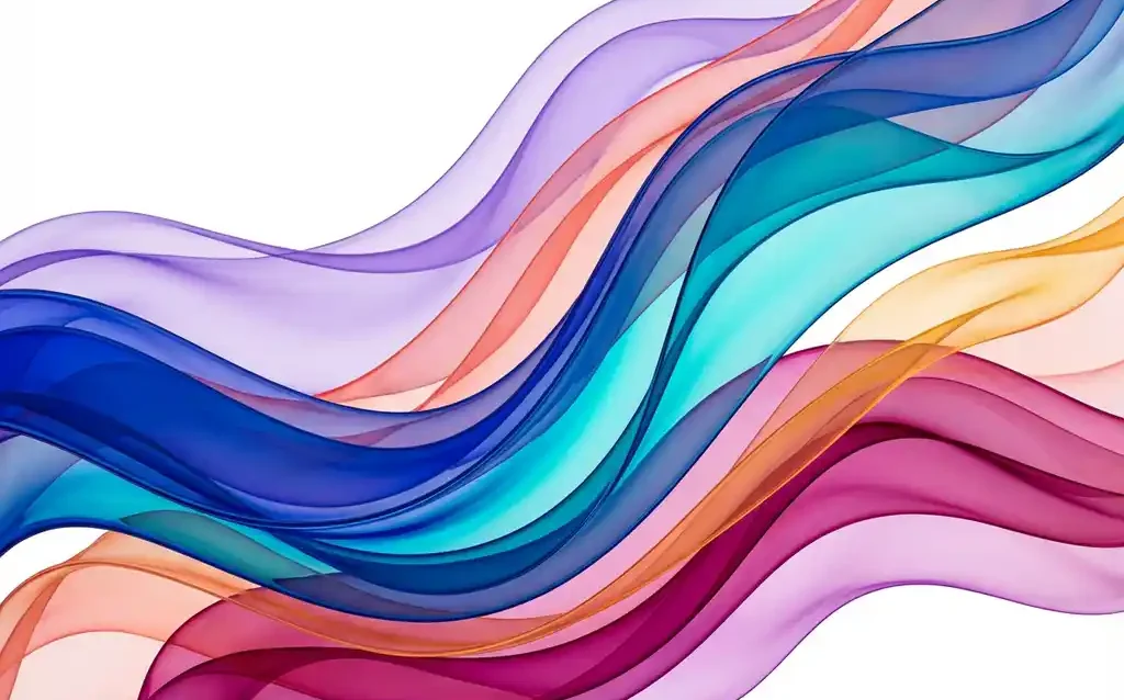 Layered translucent ribbons in cobalt blue, teal, violet, coral, and magenta flow in elegant curves across white space