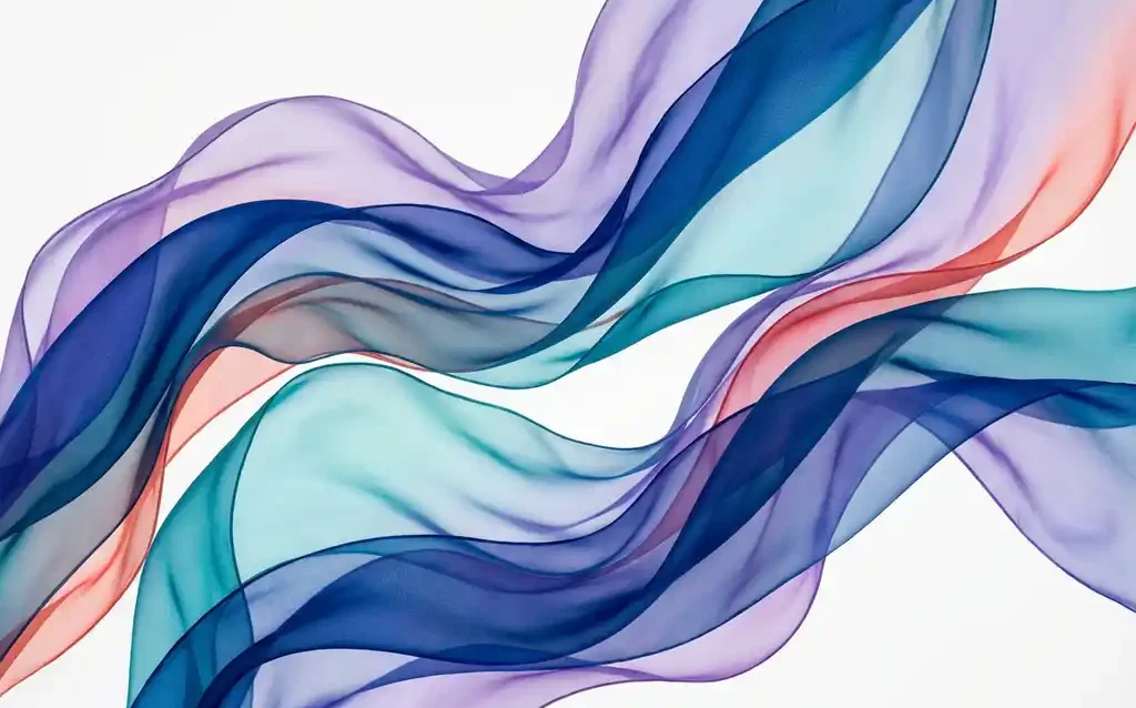 Flowing translucent ribbons in sapphire blue, teal, violet, and coral creating dimensional abstract waves on white background