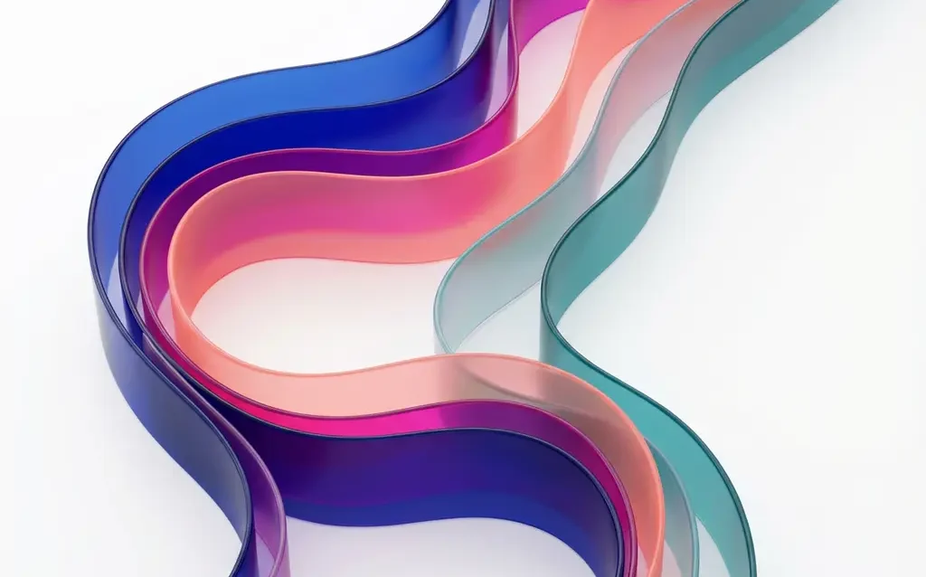 Flowing translucent ribbons in sapphire blue, magenta, coral and teal creating an elegant abstract composition on white background