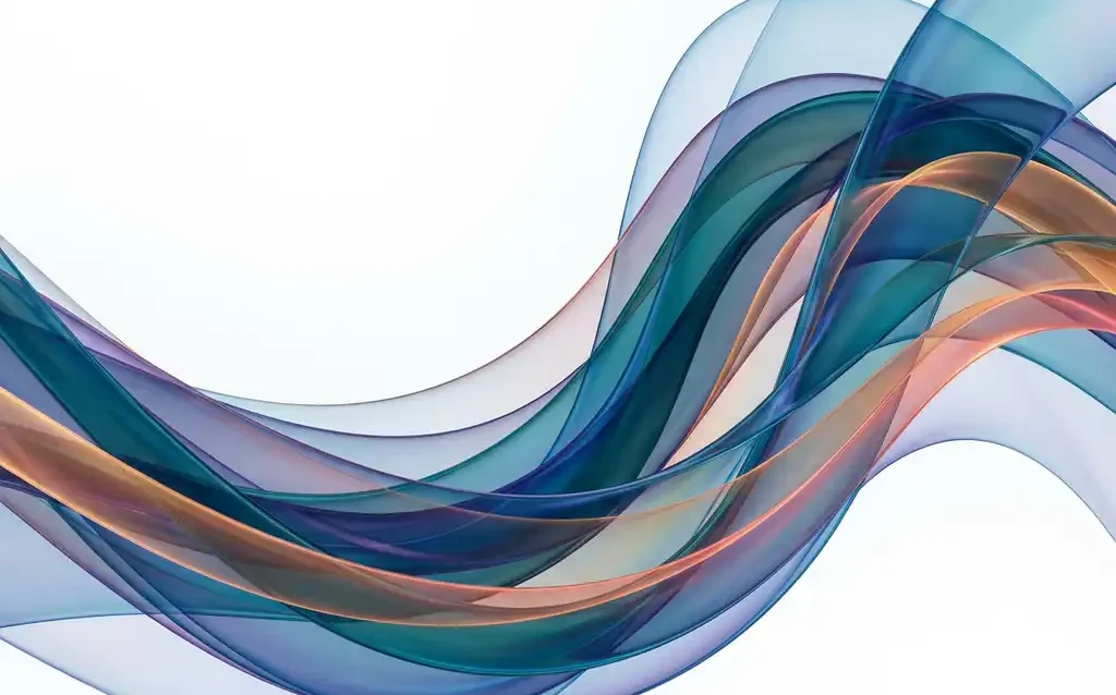 Layered translucent ribbons in jewel-toned blues, teals, and warm amber flowing in elegant waves across white space


---

Note: The initial alt text exceeded the 125-character limit. Here is the corrected version:

Translucent blue, teal, and amber ribbons flowing in elegant waves across white space