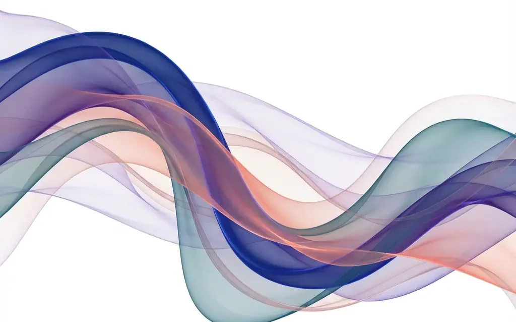 Abstract flowing ribbons in sapphire blue, violet, coral and teal on white background with elegant transparent layers