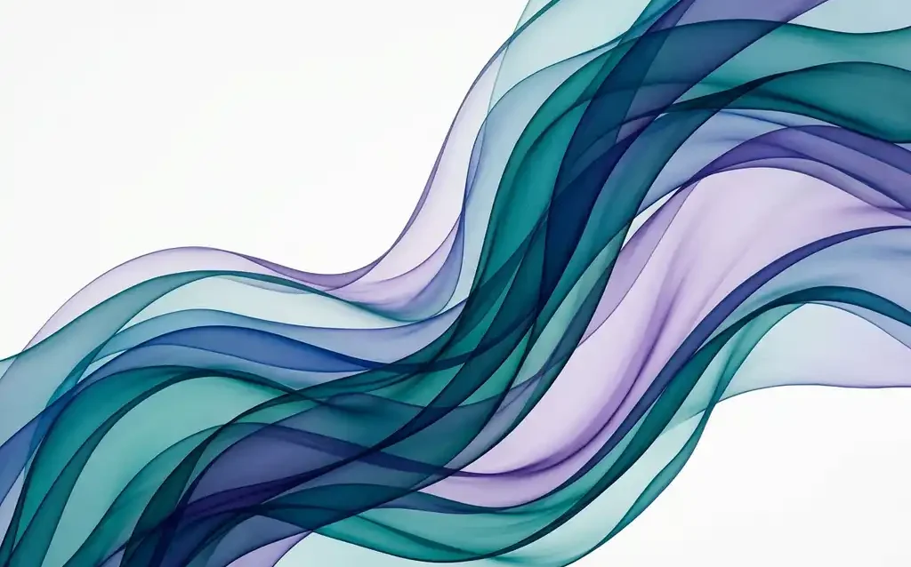 Flowing translucent ribbons of teal, royal blue, and violet curving upward against a white background in a silk-like abstract composition.